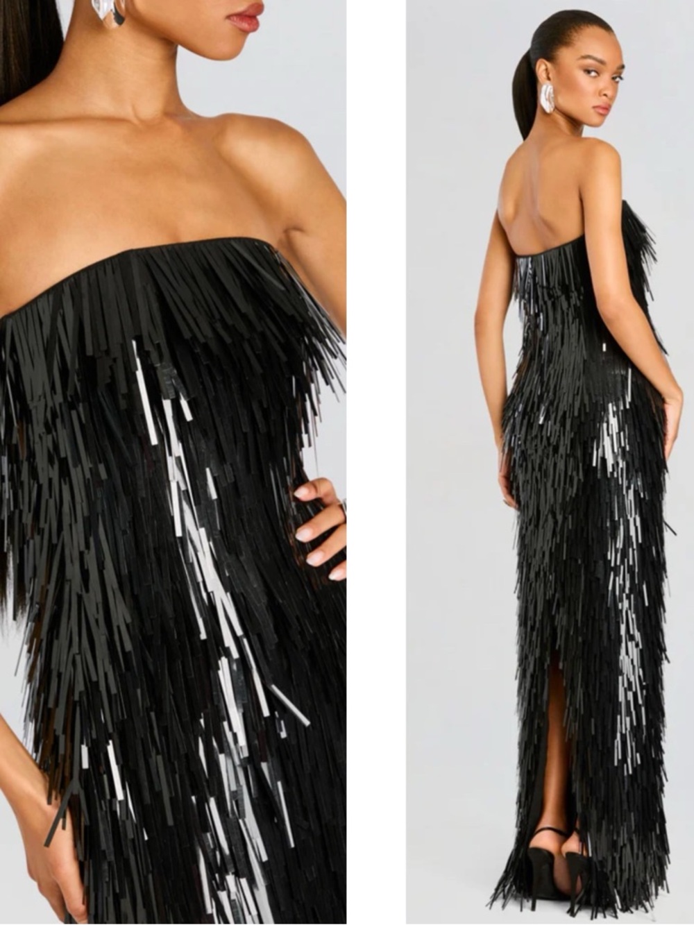 RETROFETE Silia Sequin Embellished Fringe Strapless Black Maxi Dress Size XS - Picture 2 of 12